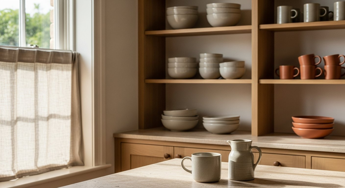 A coastal-heritage kitchen at morning light